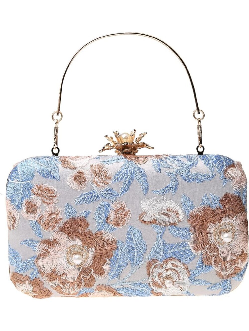 Women's Grey Vintage Floral Embroidery Clutch Elegant Pearl Design For Wedding
